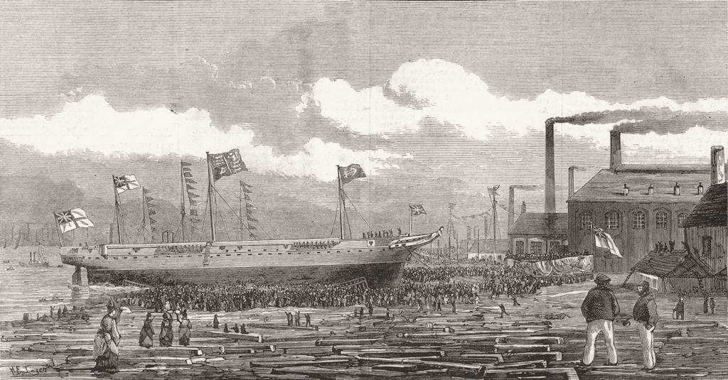 MIDDLESBROUGH. Launch of H M S tourmaline at Middlesbrough-on-tees 1875 print